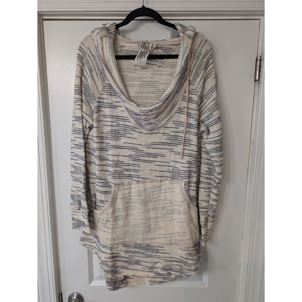 Free People Cozy Knit Hooded Sweater Tunic Cream Blue Striped Casual‎ Large